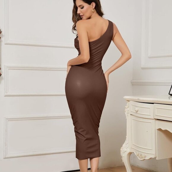 Women One Shoulder Faux PU Leather Dress Bodycon Sleeveless Cocktail Midi - Picture 3 of 4